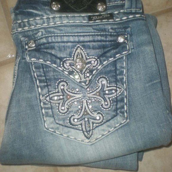 Miss Me Blue Boot Cut Jeans with Silver Embellishments - Picture 1 of 10